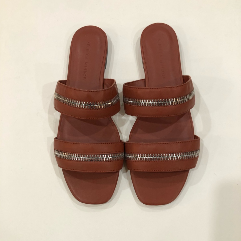 Rebecca Minkoff Leather Rust Brown Sandals with Chain Trim, Size 8.5